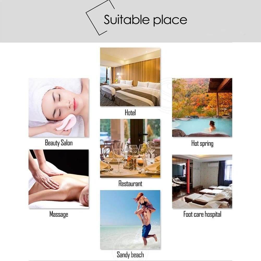 Collage of images labeled 'Beauty Salon', 'Hotel', 'Hot spring', 'Restaurant', 'Message', 'Foot care hospital', and 'Sandy beach'.